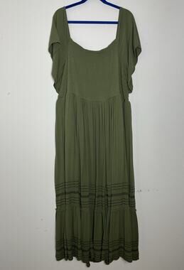 Lane Bryant Olive Green Maxi Dress Tiered Embroidered 26/28 Boho Smocked Peasant